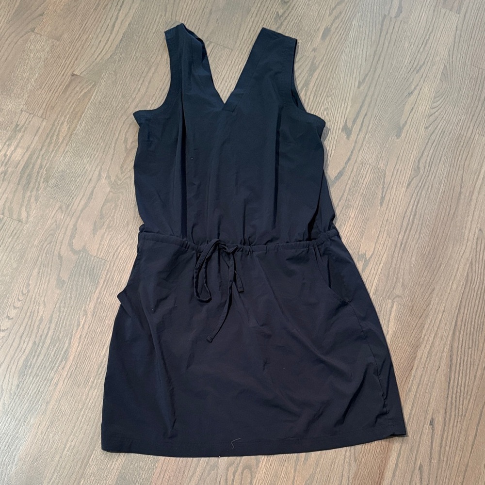 Toad & Co. Black V-Neck Dress with Drawstring Waist, Button Back Detailing